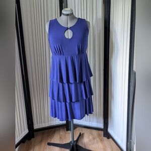 Blue, sleeveless, imperial waist, 3 layers at the body, lined dress.